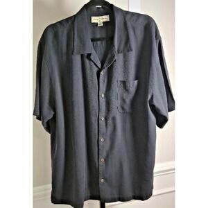 Tommy Bahama Silk Shirt Men's XL Black 100% Silk Short Sleeve Wooden Buttons